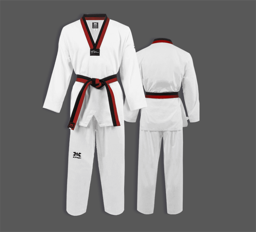 KPNP 'Poom' Taekwondo Dobok Uniform - Premium White/Black with Red Accents KPNP 'Poom' Taekwondo Dobok Uniform - Premium White/Black with Red Accents