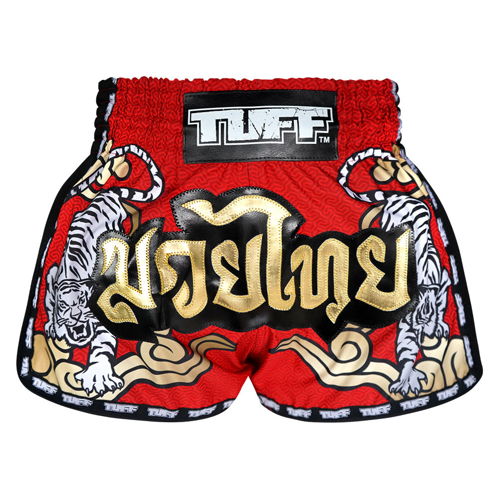'Double TigerWithGoldTextKID' Muay Short Red 'Double TigerWithGoldTextKID' Muay Short Red