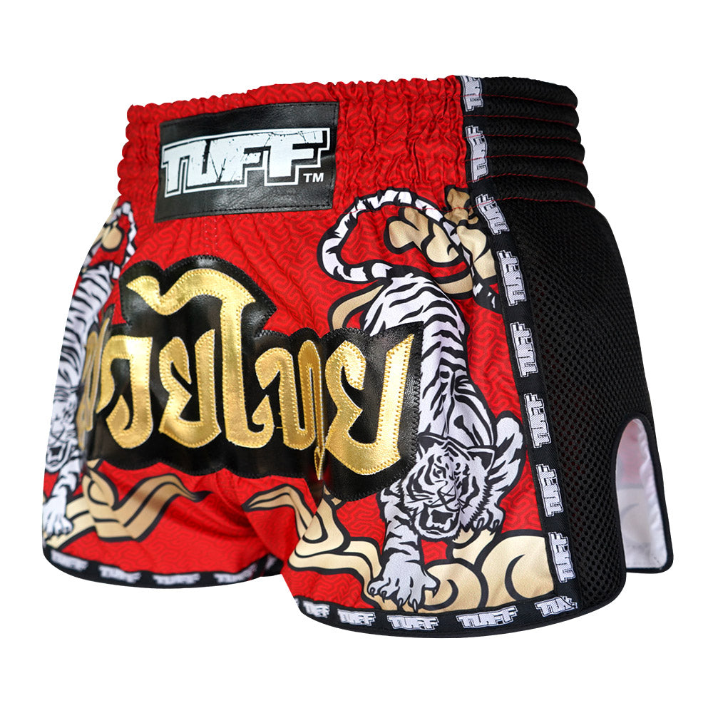 'Double TigerWithGoldTextKID' Muay Short Red 'Double TigerWithGoldTextKID' Muay Short Red