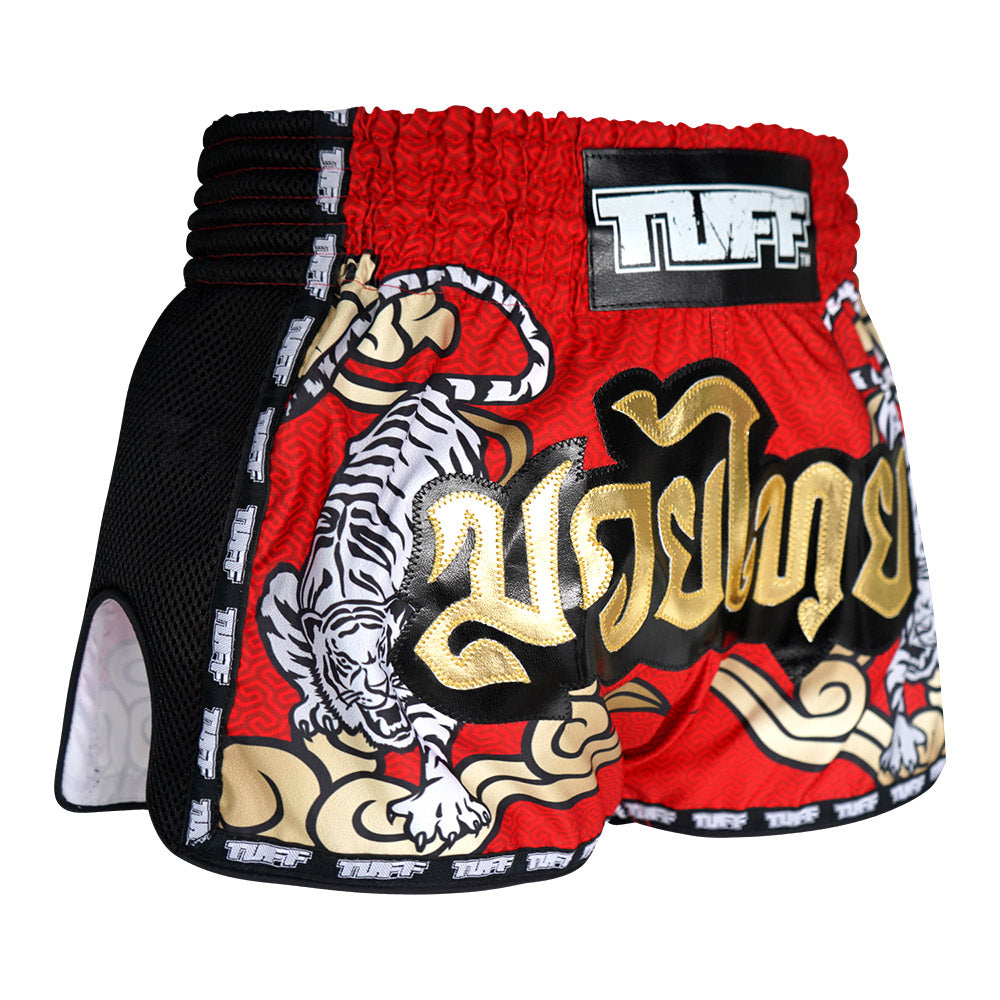 'Double TigerWithGoldTextKID' Muay Short Red 'Double TigerWithGoldTextKID' Muay Short Red