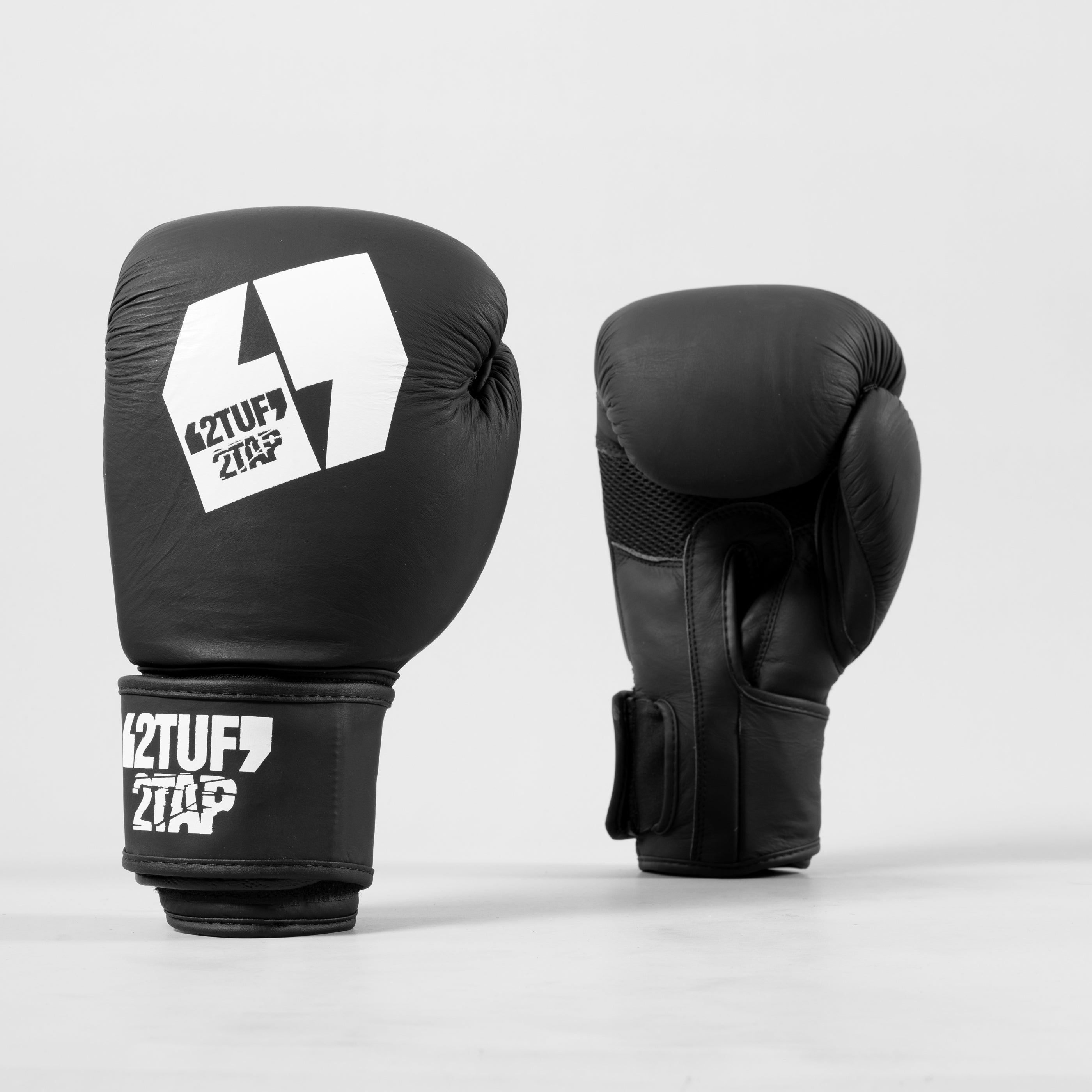 'Black Knight' Professional Boxing Gloves - Cowhide Leather - Matte Black/White 2TUF2TAP