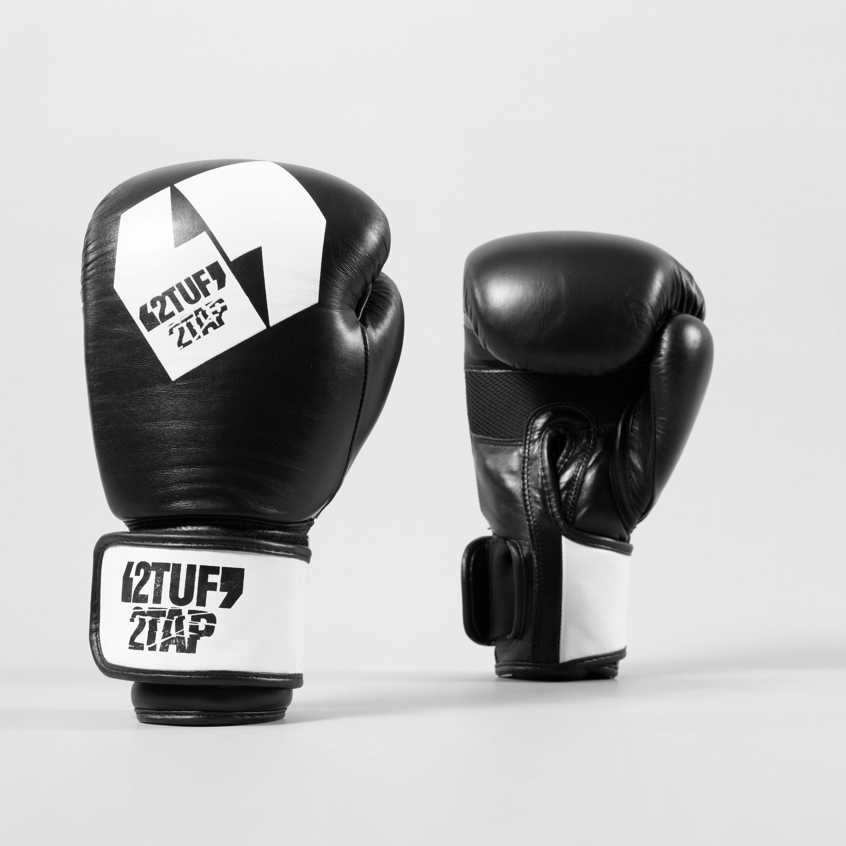 'Title' Professional Boxing Gloves - Cowhide Leather - Black/White 2TUF2TAP